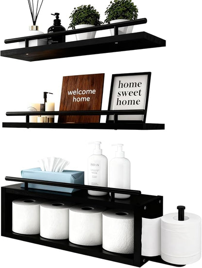 OurWarm Wood Floating Shelves for Wall Set of 3, Black Bathroom Shelves Over Toilet Organizer with Paper Towel Holder, Black Wall Shelves for Bedroom Kitchen Living Room Decor