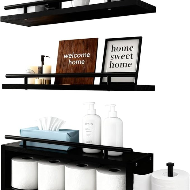 OurWarm Wood Floating Shelves for Wall Set of 3, Black Bathroom Shelves Over Toilet Organizer with Paper Towel Holder, Black Wall Shelves for Bedroom Kitchen Living Room Decor