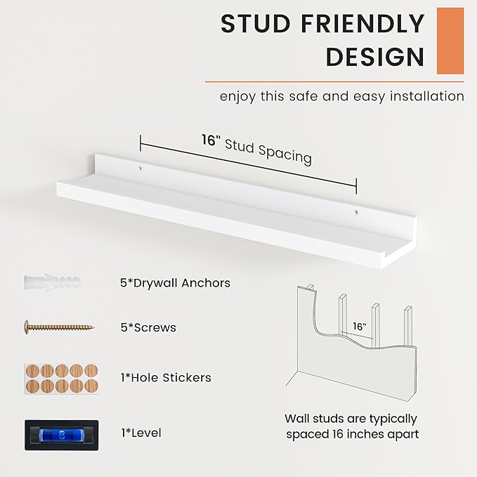 Picture Ledge Shelf, Floating Shelves Set of 2, 24 Inches Nursery Book Shelves for Toys Storage, Kids Bookshelf Wall Mounted for Living Room Bedroom Decor Books Photo Frames, White