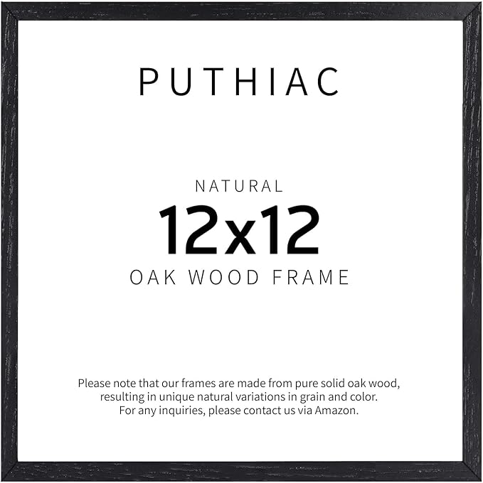 puthiac 12x12 Solid Oak Wood Picture Frame, Fits 8x8 with Mat or 12x12 Without Mat, Wall Display Only, Plexi Front, 1 Pack, Black