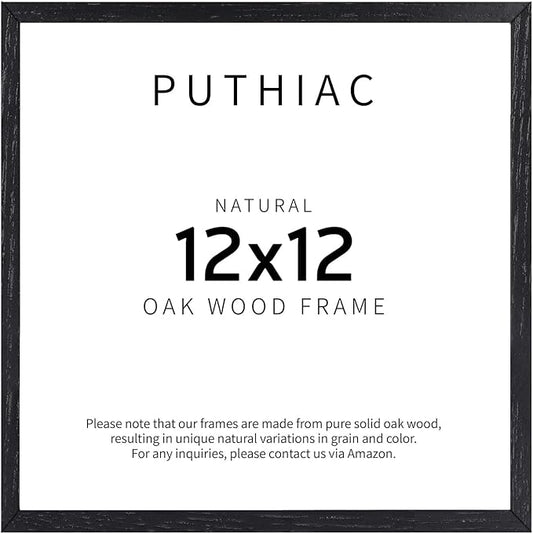 puthiac 12x12 Solid Oak Wood Picture Frame, Fits 8x8 with Mat or 12x12 Without Mat, Wall Display Only, Plexi Front, 1 Pack, Black