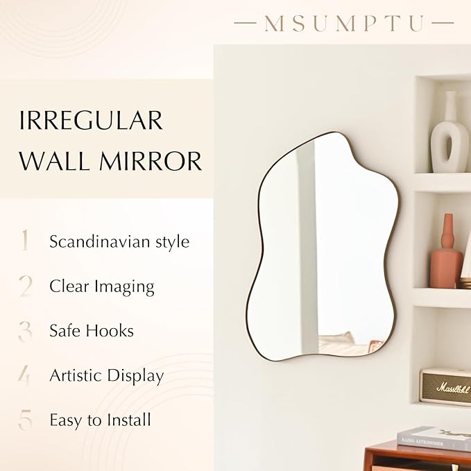 Irregular Wall Mirror Brass Wave Shaped Metal Framed Wall Mirror for Bathroom Bedroom Entryway Living Room Wall Decor 24