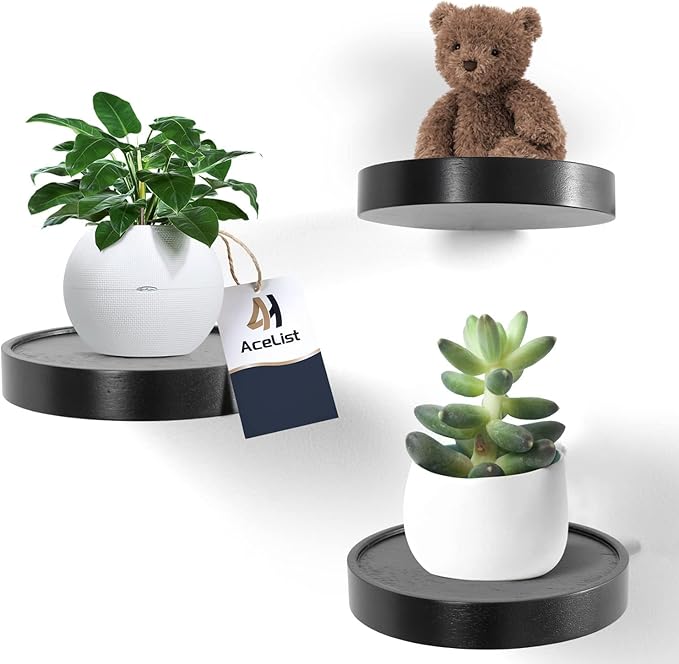 AceList Small Round Floating Shelves (Set of 3), 6 Inch Real Wood Circle Wall Shelf for Bathroom & Bedroom Decor, Matte Black Invisible Mount Display Rack for Plants, Collectibles, and Trophies