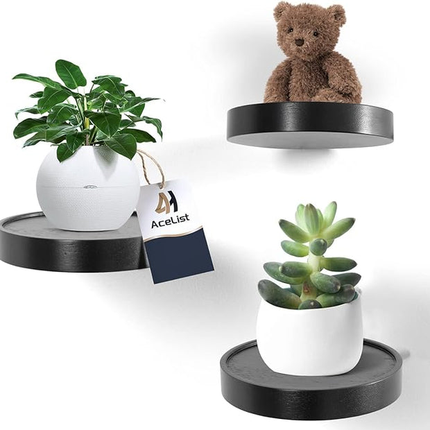 AceList Small Round Floating Shelves (Set of 3), 6 Inch Real Wood Circle Wall Shelf for Bathroom & Bedroom Decor, Matte Black Invisible Mount Display Rack for Plants, Collectibles, and Trophies