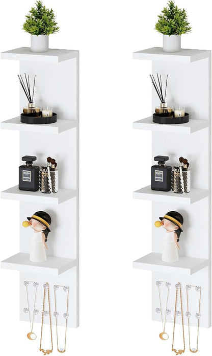 4 Tier White Lack Shelf Vanity Wall Shelf with 10 Crystal Hooks - Multi-Functional Storage for Makeup, Jewelry, Plants, Awards & Display (L7.1 x W5.5 x H30.7) (2)