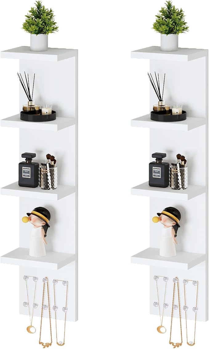 4 Tier White Lack Shelf Vanity Wall Shelf with 10 Crystal Hooks - Multi-Functional Storage for Makeup, Jewelry, Plants, Awards & Display (L7.1 x W5.5 x H30.7) (2)