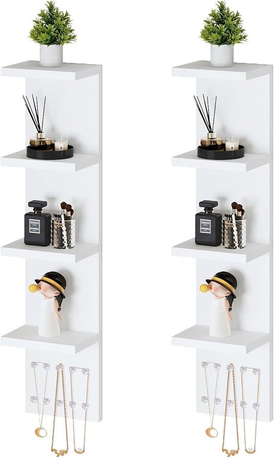 4 Tier White Lack Shelf Vanity Wall Shelf with 10 Crystal Hooks - Multi-Functional Storage for Makeup, Jewelry, Plants, Awards & Display (L7.1 x W5.5 x H30.7) (2)