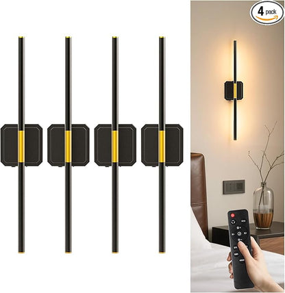 Battery Operated Wall Sconce Detachable 360°Rotate, Wireless Wall Lamp 3000-6500K Dimmable, 10000mAh Rechargeable Wall Light for Bedroom, Living Room，28.3" Black Gold 4 Pack