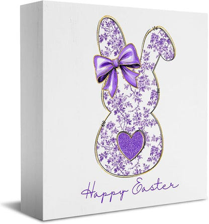 Purple Happy Easter Sign Easter Table Decor Bow Bunny Decor Blue And White Chinoiserie Decor Wooden Box Sign for Home Office Bedroom Living Room Desk Shelves