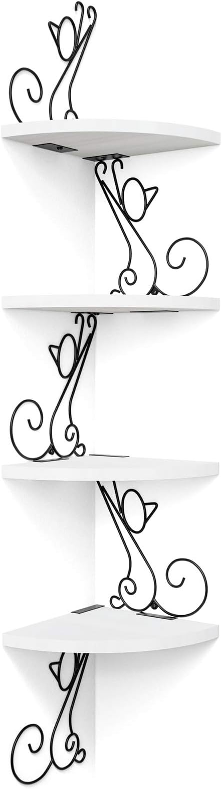 Alsonerbay Floating Corner Wood Shelves, 4 Tier Wall Mounted Rustic Storage Shelf, Cat Shaped Shelving for Wall, Solid Wooden Decor for Living Room, Bedroom, Kitchen, Bathroom, Office White
