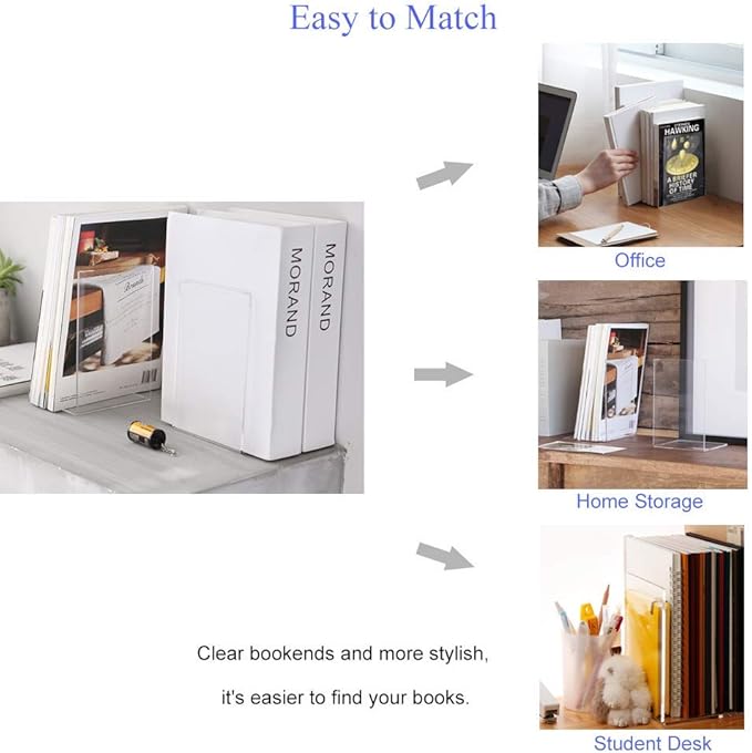 MerryNine Clear Book Ends 2pcs, Acrylic Bookends for Shelves, Non-Slip Bookend Decorative for Heavy Duty Book, Books Holder Stopper for Kids, Bookshelf Dividers Books Organizer for Office Home School
