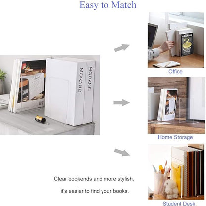 MerryNine 8 Pcs Plastic Acrylic Bookends, Clear Acrylic Non Skid Book Ends Organizer Bookshelf Decor Decorative Bedroom Library Office School Supplies Stationery Gift (7.08"x4.72"_4 Pairs)