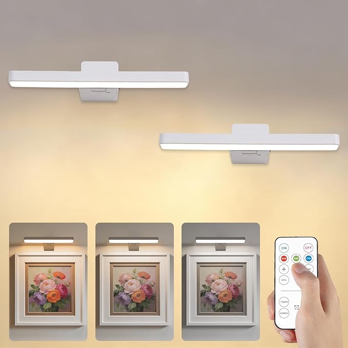 Battery Operated Picture Lights for Wall, White Wireless Art Light for Paintings, Rechargeable Display Light for Picture with Remote, 3 Color Poster Lights for Frame Portraits Wall Decor (2 Pack)