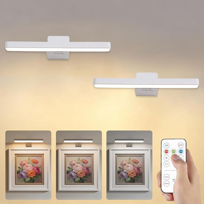 Battery Operated Picture Lights for Wall, White Wireless Art Light for Paintings, Rechargeable Display Light for Picture with Remote, 3 Color Poster Lights for Frame Portraits Wall Decor (2 Pack)