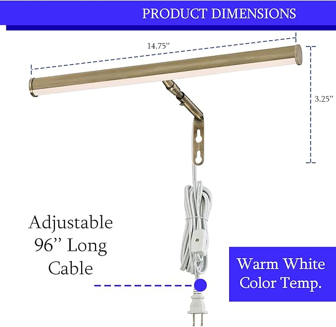 Ciata 14-Inch Picture Light with Integrated LED,3000K Warm White, 4 Watt (40W Eqv) Metal Wall Mount Artwork Display Light, CRI 90, 96 in Cord Length with in-line On/Off Switch in Antique Brass Finish