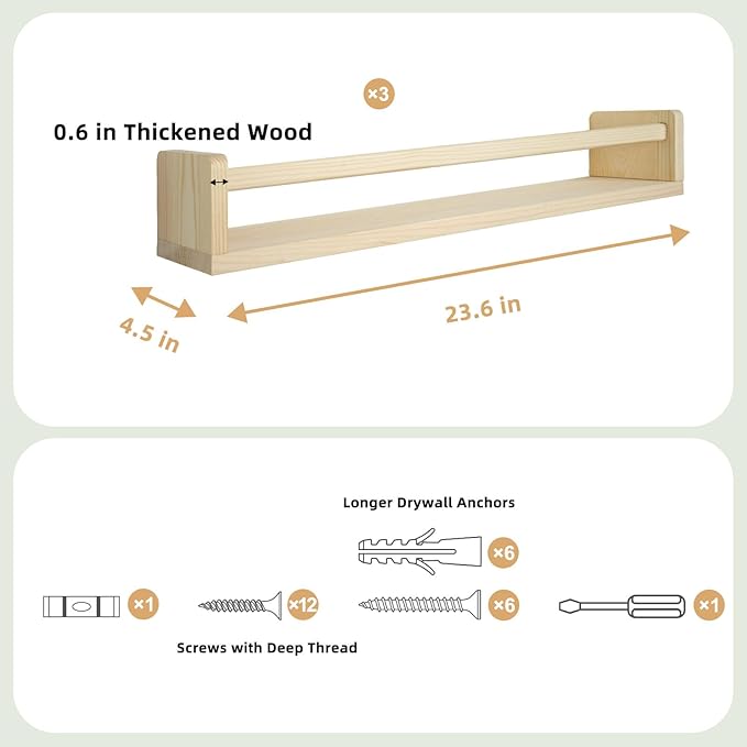 Floating Book Shelves for Wall, 23.6 inch Natural Wood Nursery Shelves for Book Storage, Solid Pine Wooden Floating Bookshelf for Bedroom Living Room, Set of 3, Unfurnished - DIY