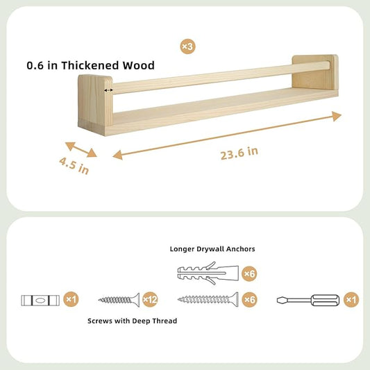 Floating Book Shelves for Wall, 23.6 inch Natural Wood Nursery Shelves for Book Storage, Solid Pine Wooden Floating Bookshelf for Bedroom Living Room, Set of 3, Unfurnished - DIY