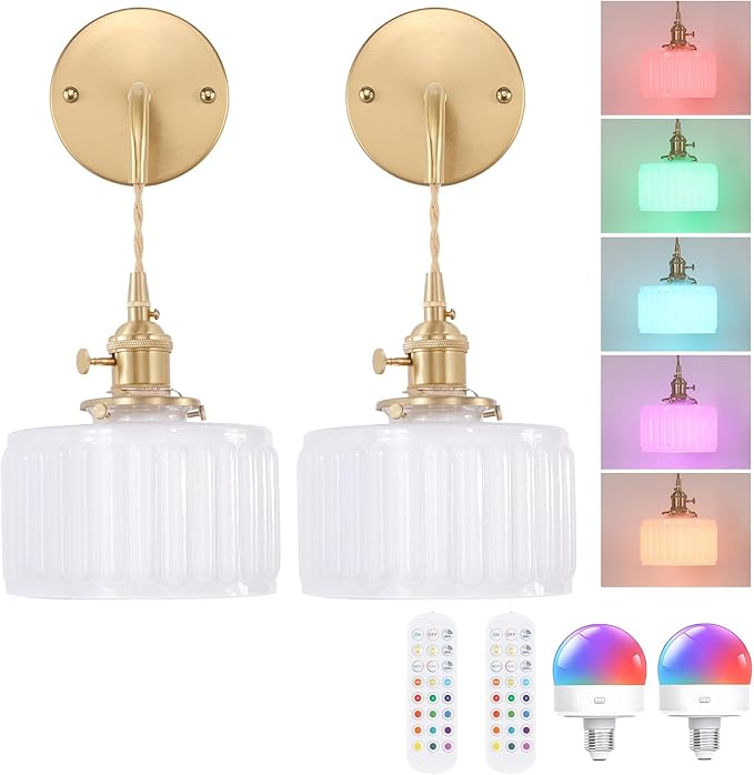 Battery Operated Wall Sconce with White Striped Shade Pattern Glass Adjustable Chain Retro Wall Mounted Light, Modern Wall Lamp Fixtures Decor for Bedside Bedroom Indoor Doorway，Set of 2