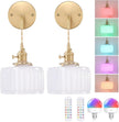 Battery Operated Wall Sconce with White Striped Shade Pattern Glass Adjustable Chain Retro Wall Mounted Light, Modern Wall Lamp Fixtures Decor for Bedside Bedroom Indoor Doorway，Set of 2