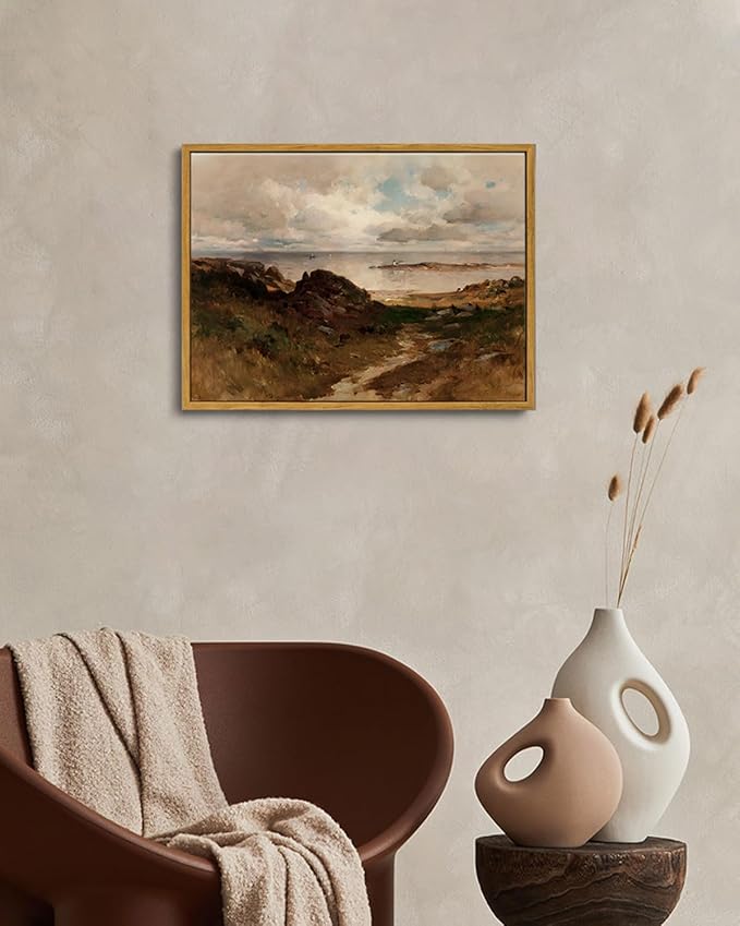 OIQArtOIQ Framed Vintage Landscape Wall Art Coast Natural Scenery Oil Painting Canvas Prints Country Farmhouse Aesthetic Decor Pictures for Kitchen Bedroom Living Room Bathroom