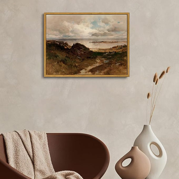 OIQArtOIQ Framed Vintage Landscape Wall Art Coast Natural Scenery Oil Painting Canvas Prints Country Farmhouse Aesthetic Decor Pictures for Kitchen Bedroom Living Room Bathroom