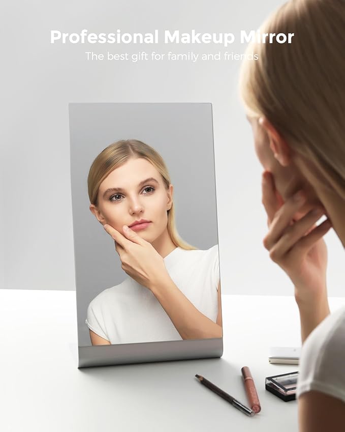 Frameless Makeup Mirror for Desk, 15 x 8.5 Inch Aluminum Standing Table Mirror, Large Counter Top Mirror