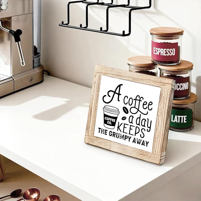Funny Coffees Decor Sign A Coffee A Day Keeps The Grumpy Away Vintage Coffees Signs Funny Wood Wall Decor Farmhouse Cafe Sign Wall Decoration For Kitchen Office Bar Gift For Coffee Lovers 5.9x5.9 Inch