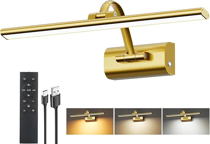 Picture Lights for Wall, 5200mAh Rechargeable Battery Operated Picture Light with Remote, 15.7" Dimmable 3 Colors Wireless Art Lighting for Paintings Picture Frame Gallery Dartboard, Brass
