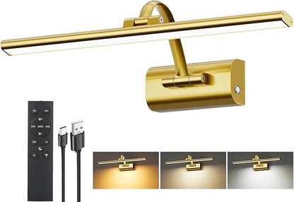 Picture Lights for Wall, 5200mAh Rechargeable Battery Operated Picture Light with Remote, 15.7" Dimmable 3 Colors Wireless Art Lighting for Paintings Picture Frame Gallery Dartboard, Brass