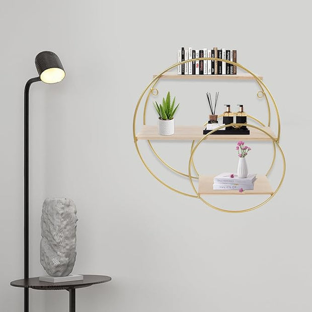 Floating Shelves Wall Mounted, 3-Tier Storage Display Rack Storage Display Rack Metal Wall Mount Display Organizer Holder for Home Decor,Gold (1, Round)