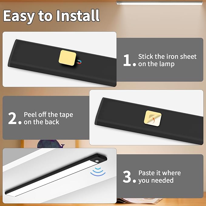 Under Cabinet Lighting, Motion Sensor 54 LED Under Cabinet Lights, 2Pack Rechargeable, 12inch 3 Colors Dimmable Closet Lights Under Counter Lights for for Kitchen, Shelf, Stair, Hallway(Black)