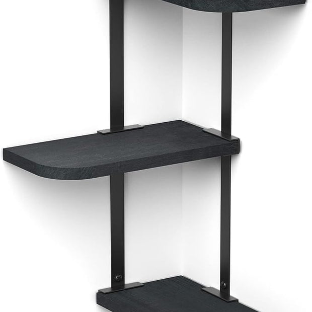 Love-KANKEI Corner Shelf Wall Mount of 3 Tier Rustic Wood Floating Shelves for Bedroom Living Room Bathroom Kitchen Office and More Black