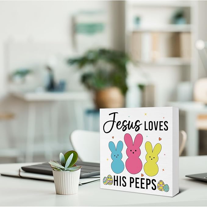 Easter Bathroom Decor - Easter Decorations - Jesus Loves His Wooden Sign Home Bathroom Toilet Desk Table Shelf Decor - 5 x 5 Inches
