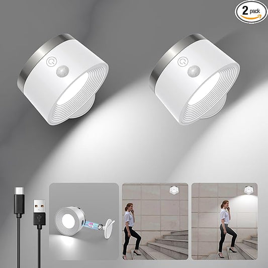 Moobibear Motion Sensor Wall Light Indoor 2Pcs, 3500mAh Rechargeable Battery Operated LED Wall Light, Wall Lamp Wireless with 360 ° Rotation, 3 Color Temperatures for Bedroom, Study, Corridor, Picture