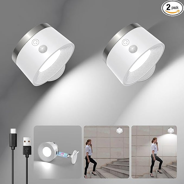 Moobibear Motion Sensor Wall Light Indoor 2Pcs, 3500mAh Rechargeable Battery Operated LED Wall Light, Wall Lamp Wireless with 360 ° Rotation, 3 Color Temperatures for Bedroom, Study, Corridor, Picture