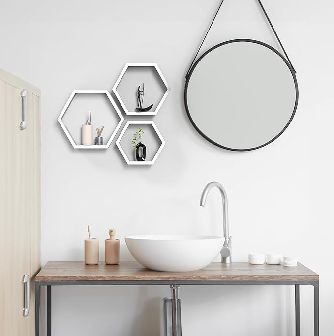 CADUKE Hexagon Floating Shelves Set of 3, White Wooden Hexagon Shelves for Wall Decor, Modern Honeycomb Floating Hanging Shelf, Decorative Wall Organizer for Living Room, Bedroom, Bathroom