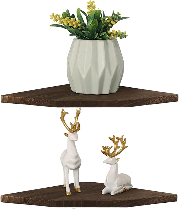 Joiishom Wood Corner Wall Shelves Set of 2, Solid Wood Corner Floating Shelves for Wall, Round End Wall Mounted Floating Corner Shelf for Bedroom, Living Room and Kitchen. (Brown-10 inch)