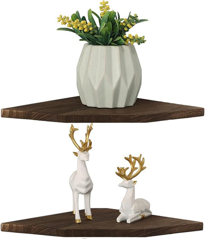 Joiishom Wood Corner Wall Shelves Set of 2, Solid Wood Corner Floating Shelves, Round End Wall Mounted Floating Corner Shelf for Bedroom, Living Room and Kitchen. (Brown-12 inch)