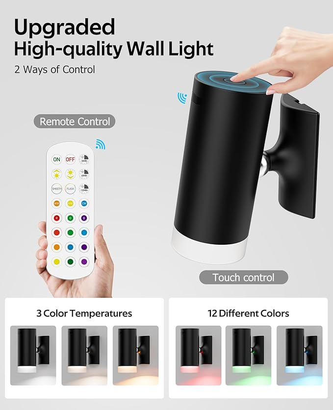 LED Wall Sconces, Battery Wall Sconces Set of Two with Rechargeable Battery Operated 12RGB and 3CCT Dimmable Wireless Magnetic Lights, for Bedroom Bedside Reading Living Room Picture