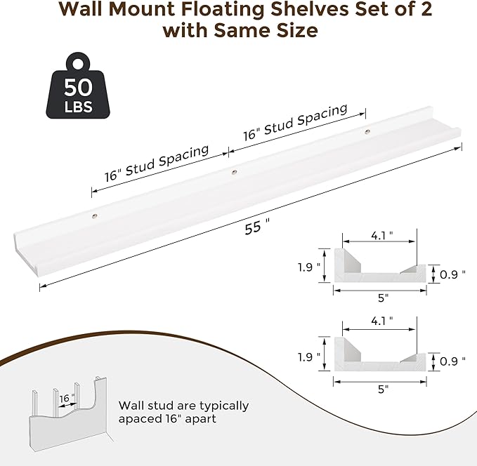 RICHFOCUS Floating Shelves for Wall, 55 inch Solid Wood Picture Ledge Shelf for Wall Storage, Nursery Book Shelves with Lip for Living Room Bathroom Bedroom Kitchen, Set of 2, Washed White