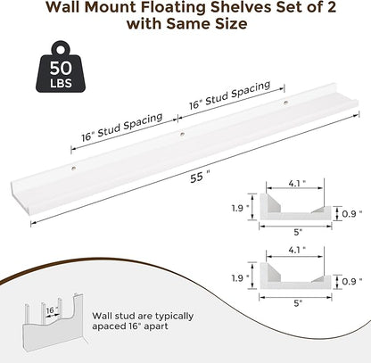 RICHFOCUS Floating Shelves for Wall, 55 inch Solid Wood Picture Ledge Shelf for Wall Storage, Nursery Book Shelves with Lip for Living Room Bathroom Bedroom Kitchen, Set of 2, Washed White