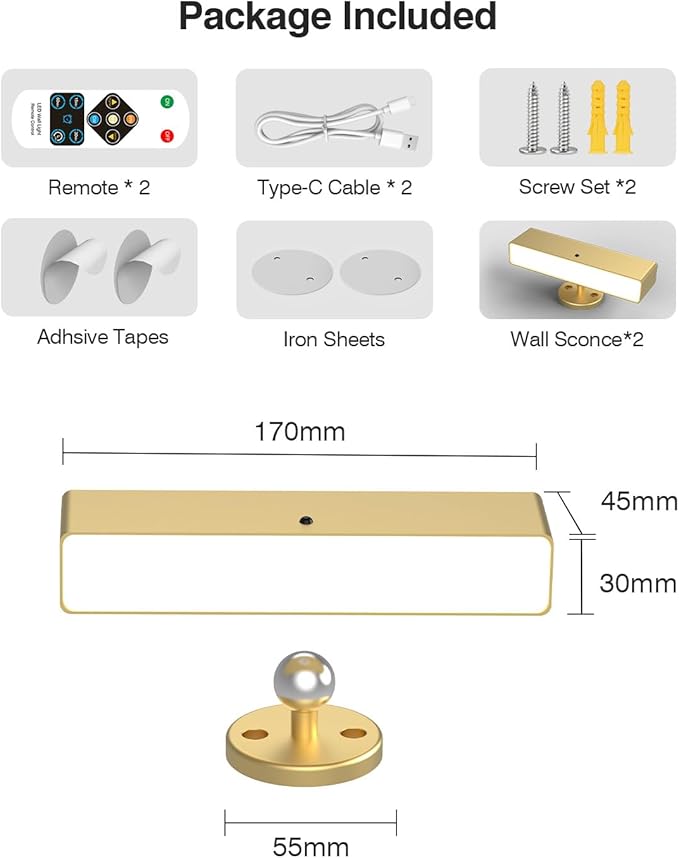 Battery Powered Wall Sconce Lights Set of Two: Gold Rechargeable Wall Lights with Remote, Wireless LED Wall Mounted Lights, 360° Rotation Magnetic Cordless Scone Lighting for Bedroom Living Room