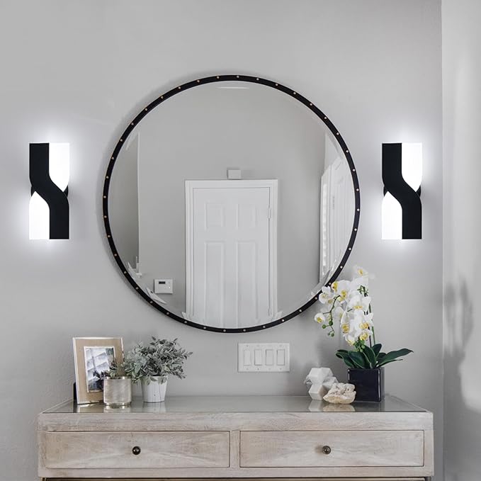 Modern LED Wall Sconce, Black Indoor Wall Light Fixtures Set of 2, 8W Acrylic Wall Mounted Lamp, 6000K Cold White Wall Sconces Lighting for Hallway, Bedroom, Stairway, Corridor, Bathroom