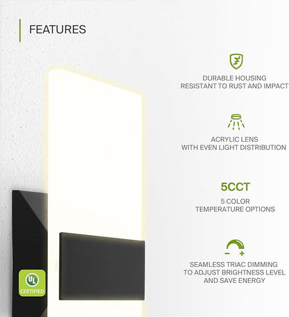 ASD LED Indoor Wall Mount Light Fixture - 12 Inch 12W Modern Interior Matte Black Dimmable Wall Sconce Light - UL 2700K-5000K Adjustable - Hallway, Bedroom LED Wall Lights