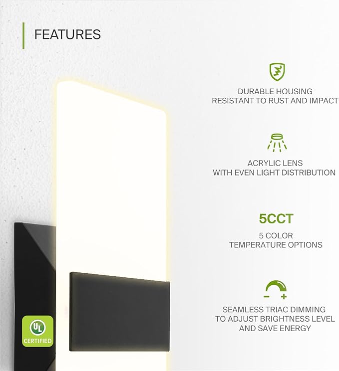 ASD LED Indoor Wall Mount Light Fixture - 12 Inch 12W Modern Interior Matte Black Dimmable Wall Sconce Light - UL 2700K-5000K Adjustable - Hallway, Bedroom LED Wall Lights