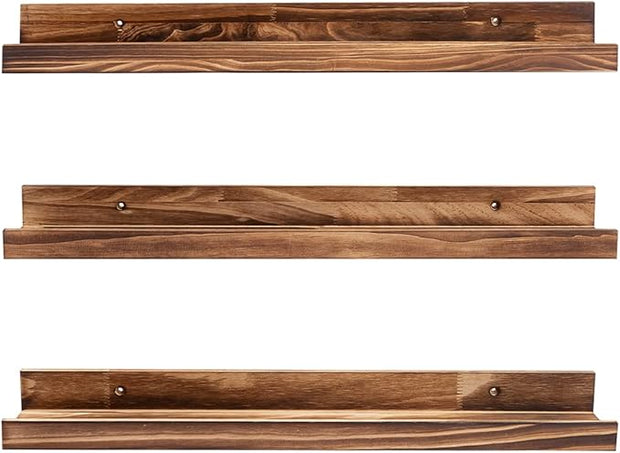 MBYD 24 Inch Carbonized Black Floating Shelves, Handmade Carbonized Black Wooden Picture Ledge Wall Shelf for Bedroom, Living Room, Office, Kitchen, Set of 3 Same Dimensions