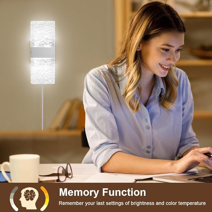 Plug in Wall Sconces with Adjustable 3000K-6500K Colors & 10%-100% Brightness, Sconces Wall Decor Set of 2 with Remote Control, 12W Acrylic LED Plug in Wall Light (2 Pack, Corrugated Finish)