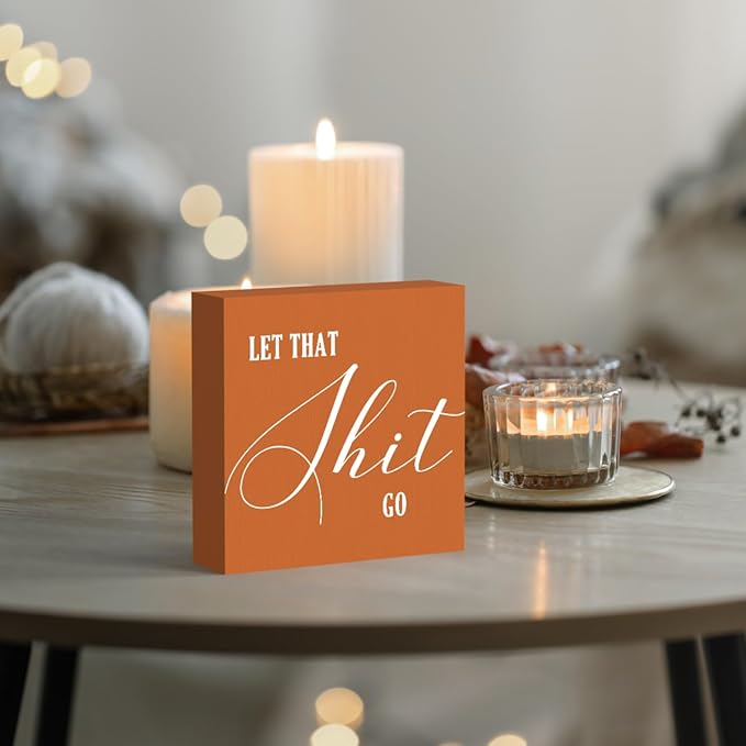 Funny Bathroom Sign, Orange Wood Box Decor for Half Bathroom, Humorous Farmhouse Shelf & Desktop Sign for Home or Office