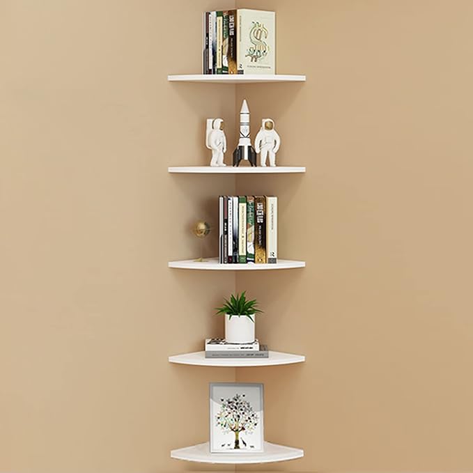 Set of 5 Pieces Corner Mounting Shelf with White, Wood Floating Wall Mounted Storage Shelf for Living Room, Bathroom, Bedroom, Kitchen, Office