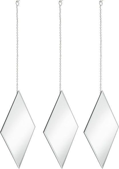Accent Mirrors - Small Diamond Shape Decorative Mirror Wall Decor 3 Piece Set with Silver Chain